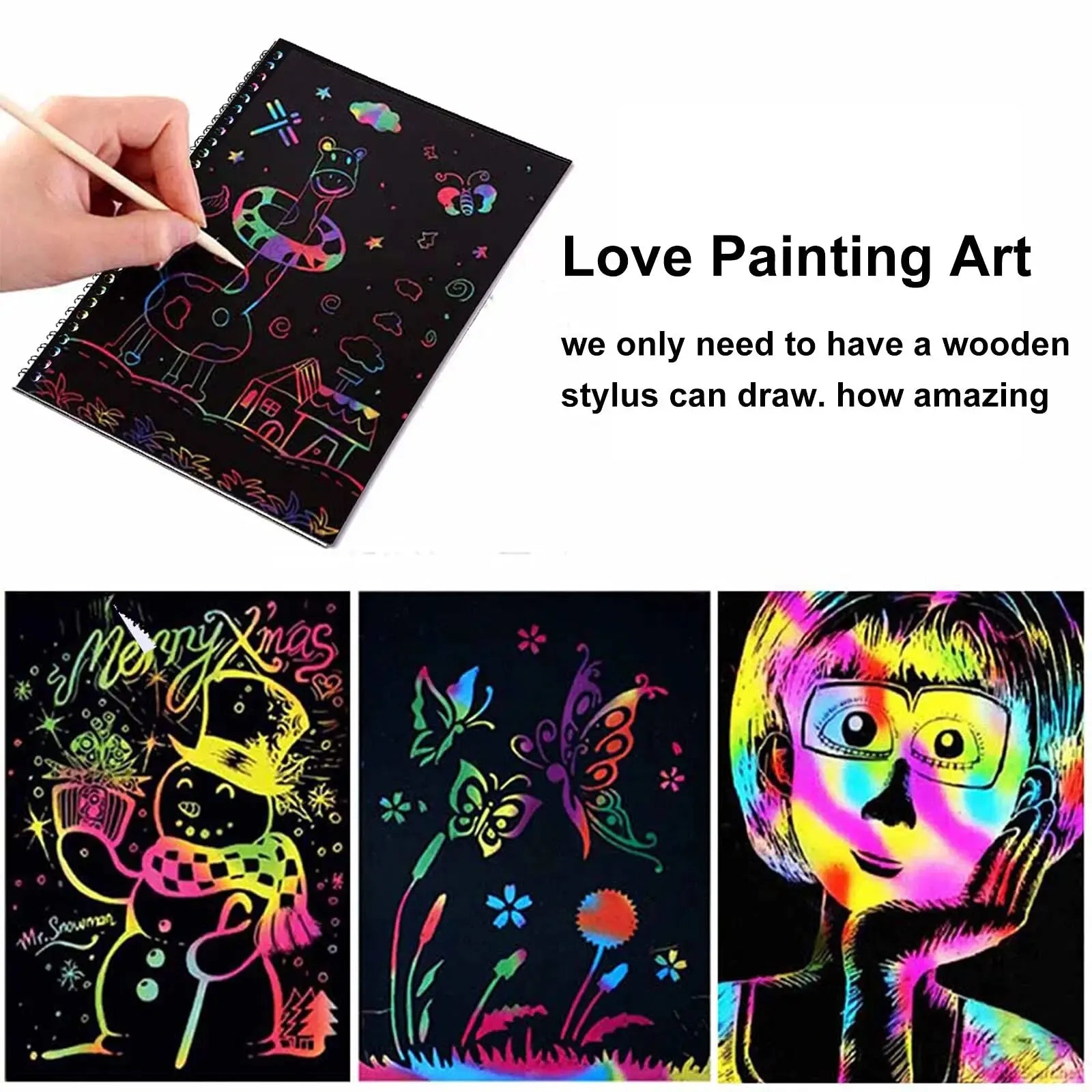 2 Pack Rainbow Scratch Paper Children's Art Book Black DIY Rainbow Art Paper Card Neon Scratch Book with Wood Stick