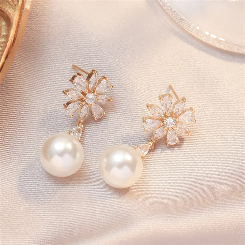 Zircon Flower Earrings for Women Exquisite Imitation Pearl Pendant Earring