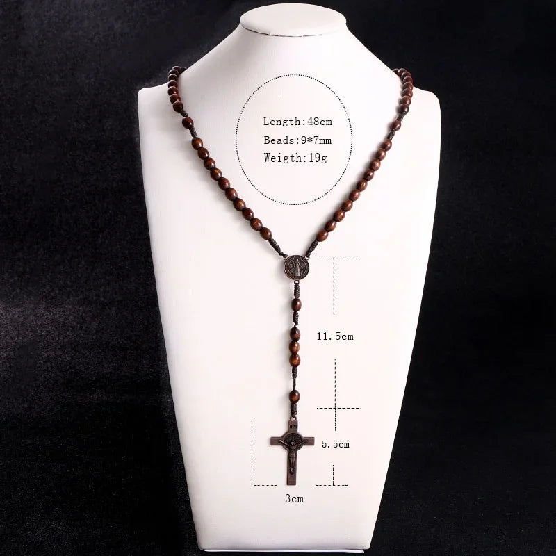 Christ Jesus Wooden Beads 8mm Rosary Bead Cross Pendant Woven Chain Necklace