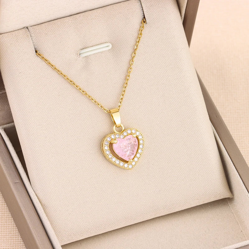 Temperament Sweet Ice Flower Crystal Heart Pendant Necklaces For Women Trendy Stainless Steel Neck Chain Female Wedding Jewelry