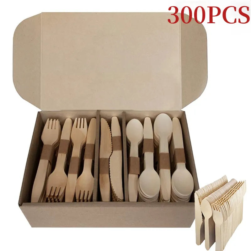 240/300pcs Disposable Wooden Cutlery Set Home Party Dessert Spoons Knives Forks Tableware Supplies Wedding Birthday