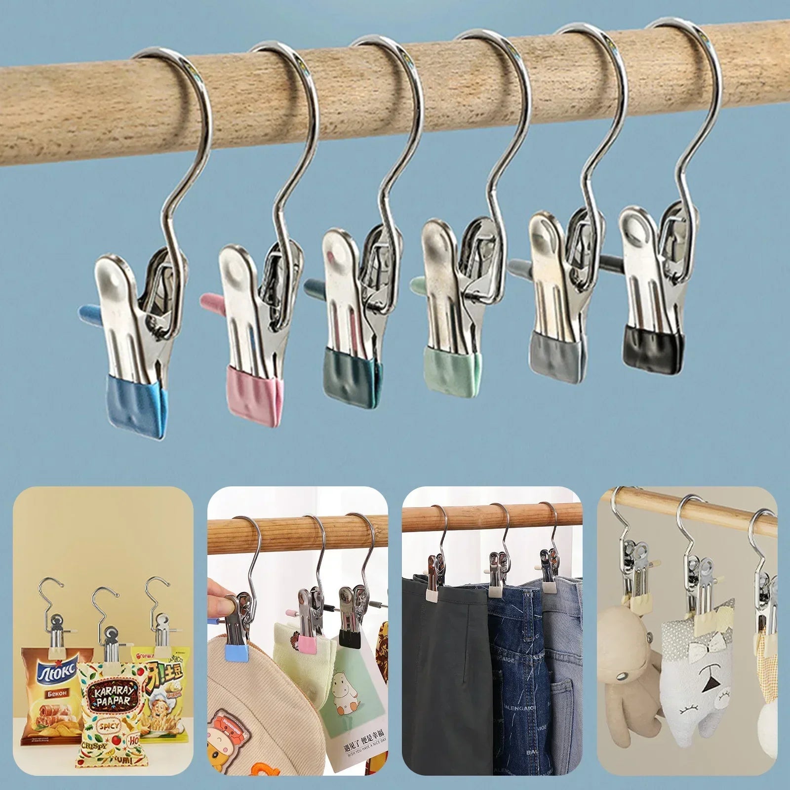 Stainless Steel Clothespins Laundry Clothes Pegs with Hook Pants Hanger Portable Hanging Clothes Clips Closet Clothes Organizer