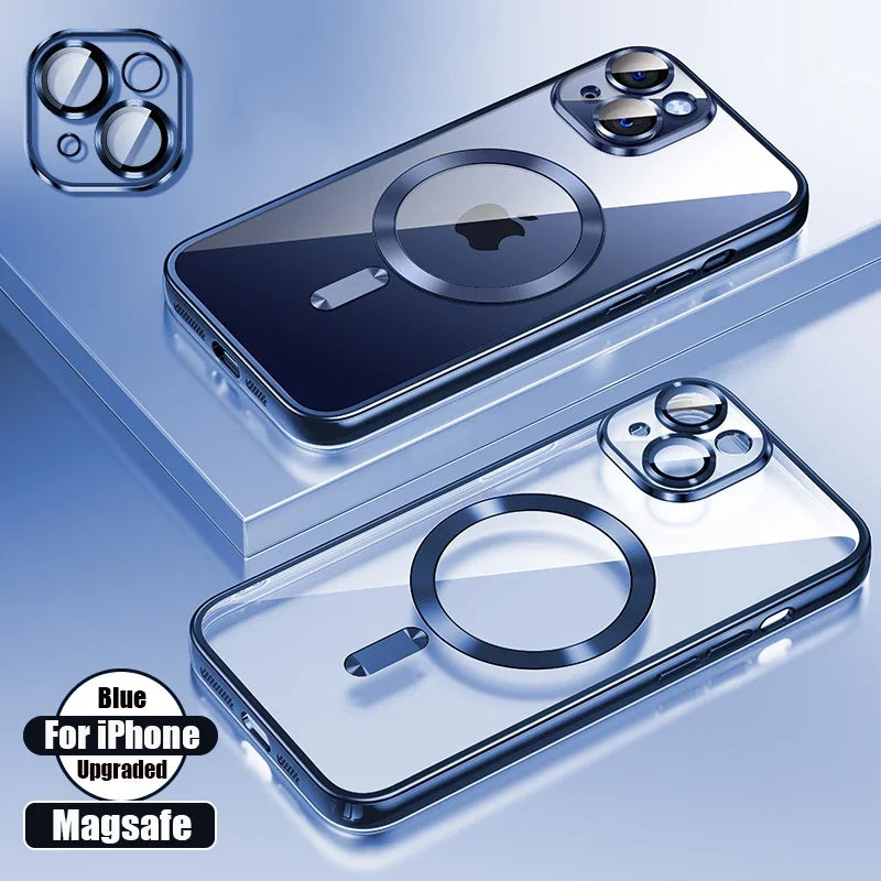 Silicone TPU Transparent Case Plus Magsafe Magnetic Lens Film Protect Cover for iPhone 16 15 14 13 12 11 Pro Max