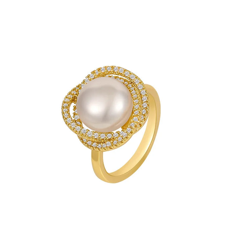 Inlaid Zircon Golden Rose Pearl Ring for Women