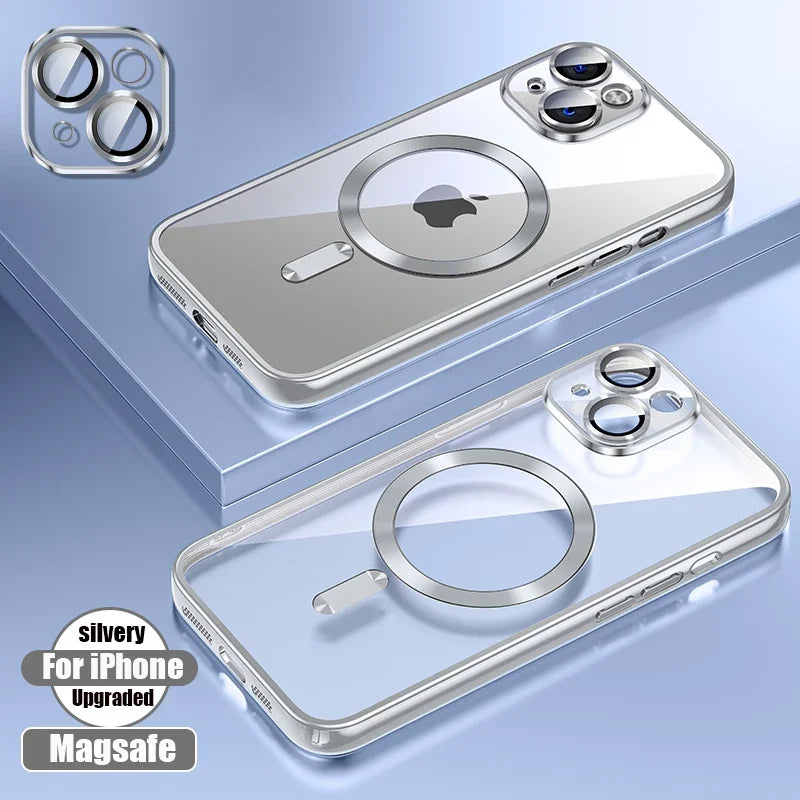 Silicone TPU Transparent Case Plus Magsafe Magnetic Lens Film Protect Cover for iPhone 16 15 14 13 12 11 Pro Max