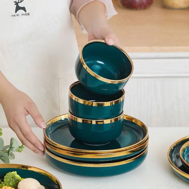 Gold Stroke Green Dinner Set Plates and Dishes Color Glaze Plates and Bowls