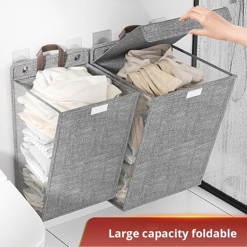 Foldable Adhesive Laundry Basket Hamper, Multifunctional Punch Free Wall Hanging