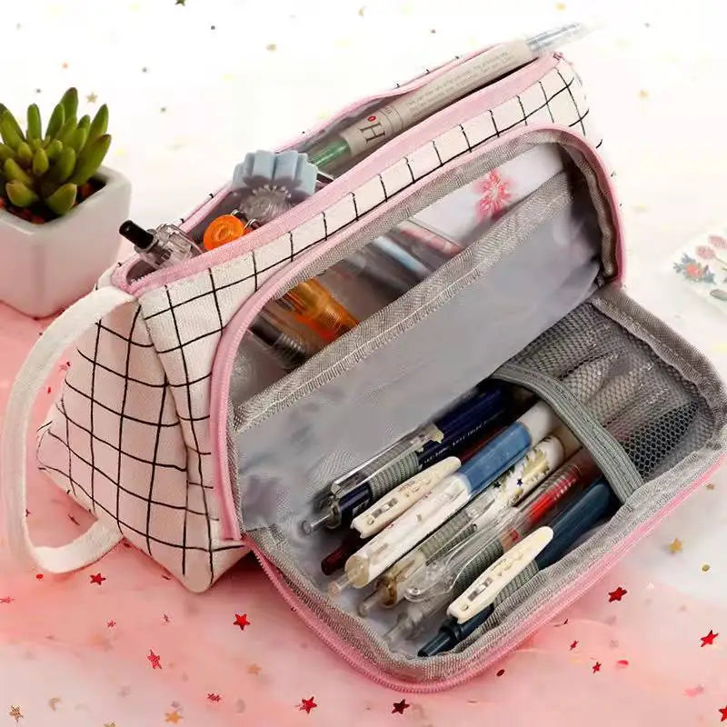 Stationary Pen Storage Bag Pen Pencil Bag Multi Layer Large Capacity Cosmetic Travel Storage Bag Simple Plaid Pencil Case