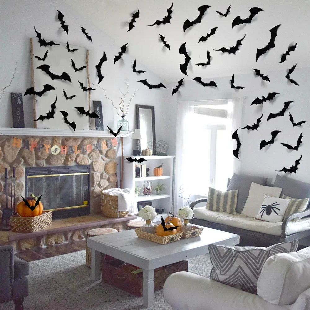 60PCS Halloween Decoration 3D Black PVC Bats Halloween Party DIY Wall Sticker