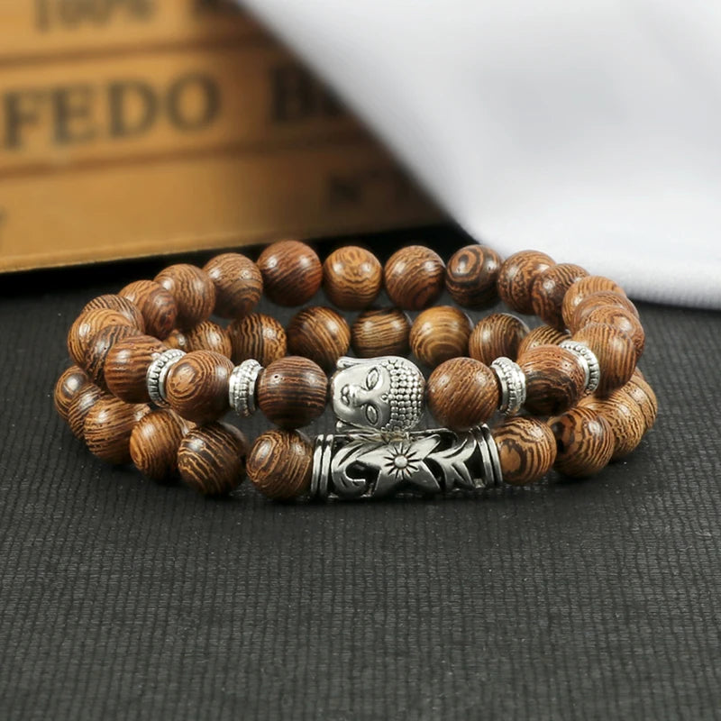 2pcs/set Buddha Head Bracelet for Women Men Natural Tiger Eye Lava Stone Yoga Beads Distance Bracelets Charm