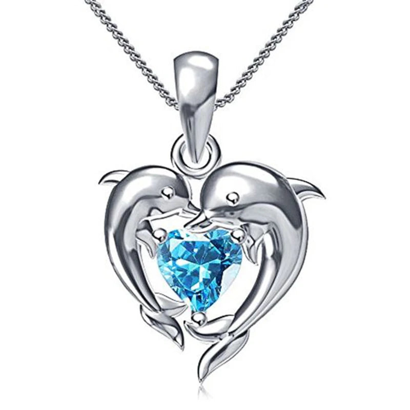 Huitan Couple Dolphin with Blue Heart CZ Necklace Women Clavicle Chain Necklaces