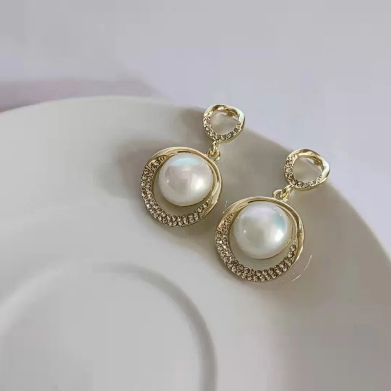 Pearl Dangle Earrings for Women Heart Crystal Hanging Pendants Drop Earrings