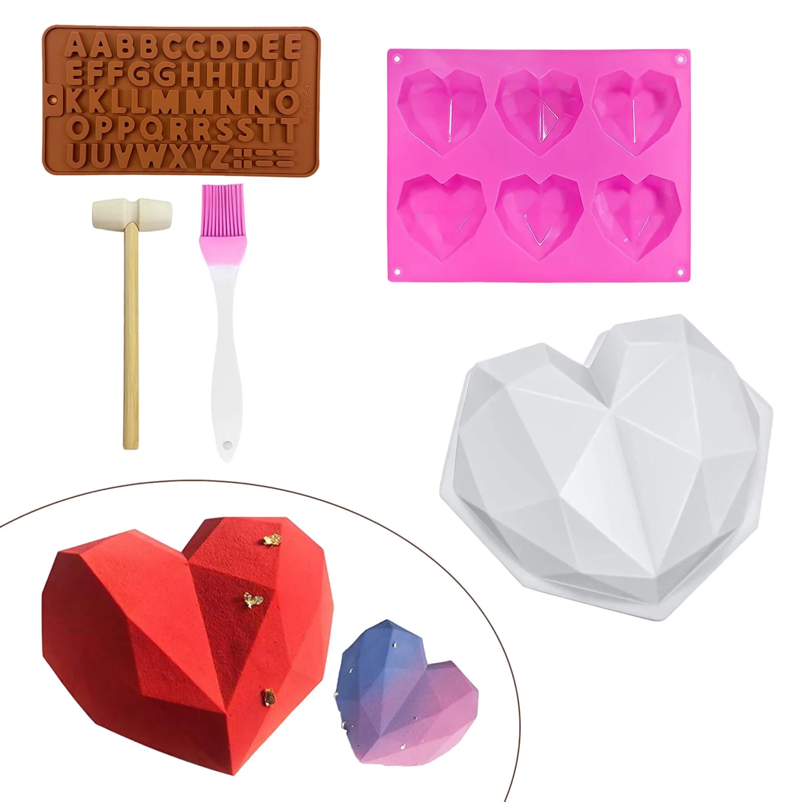 Heart Mold, Silicone Molds Diamond Heart Love Shaped Molds Trays Non-Stick Letter Chocolate Molds with Wooden Hammers Silicone