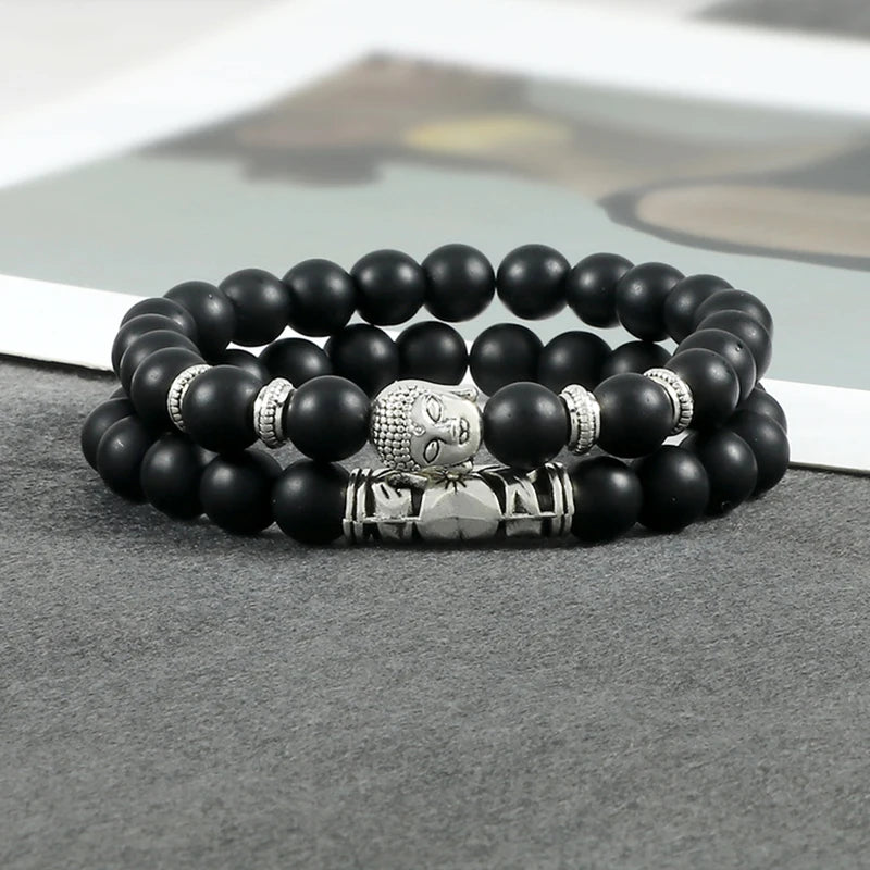 2pcs/set Buddha Head Bracelet for Women Men Natural Tiger Eye Lava Stone Yoga Beads Distance Bracelets Charm