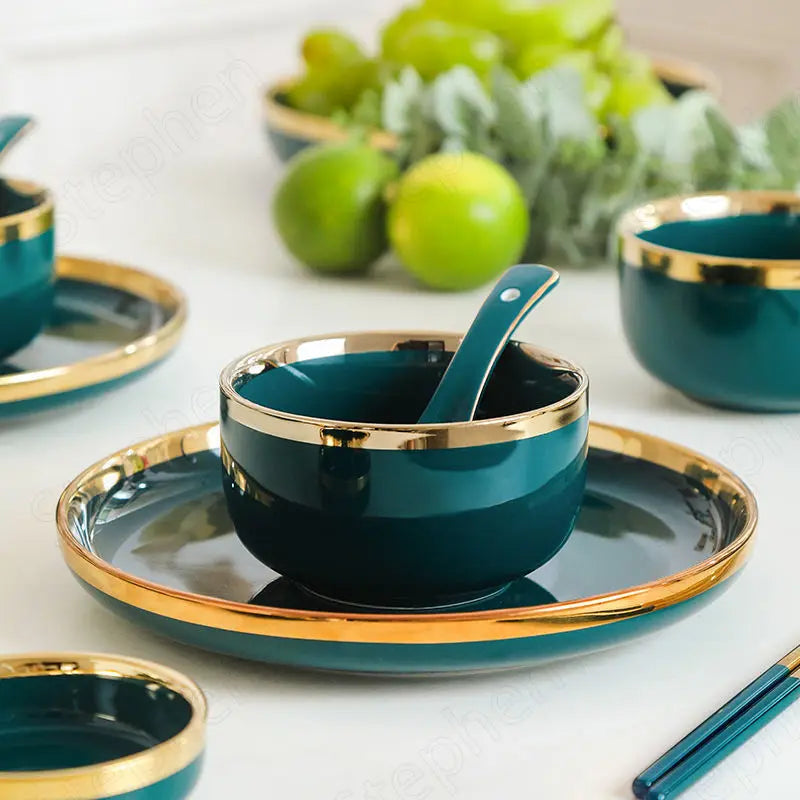 Gold Stroke Green Dinner Set Plates and Dishes Color Glaze Plates and Bowls