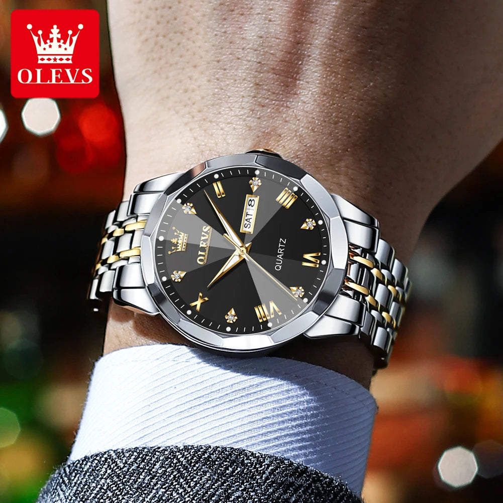 Quartz Solid Stainless Steel Strap Rhombus Design Wristwatch for Men Waterproof