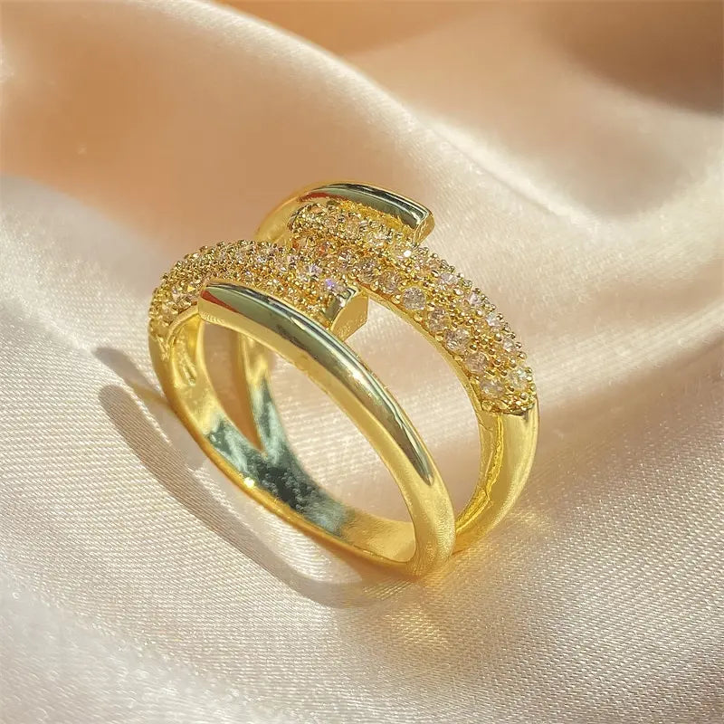 Luxury Adjustable Irregular Claw Leniency Gold Color CZ Zirconia Cross Opening Ring Luxury Jewelry For Party Wedding