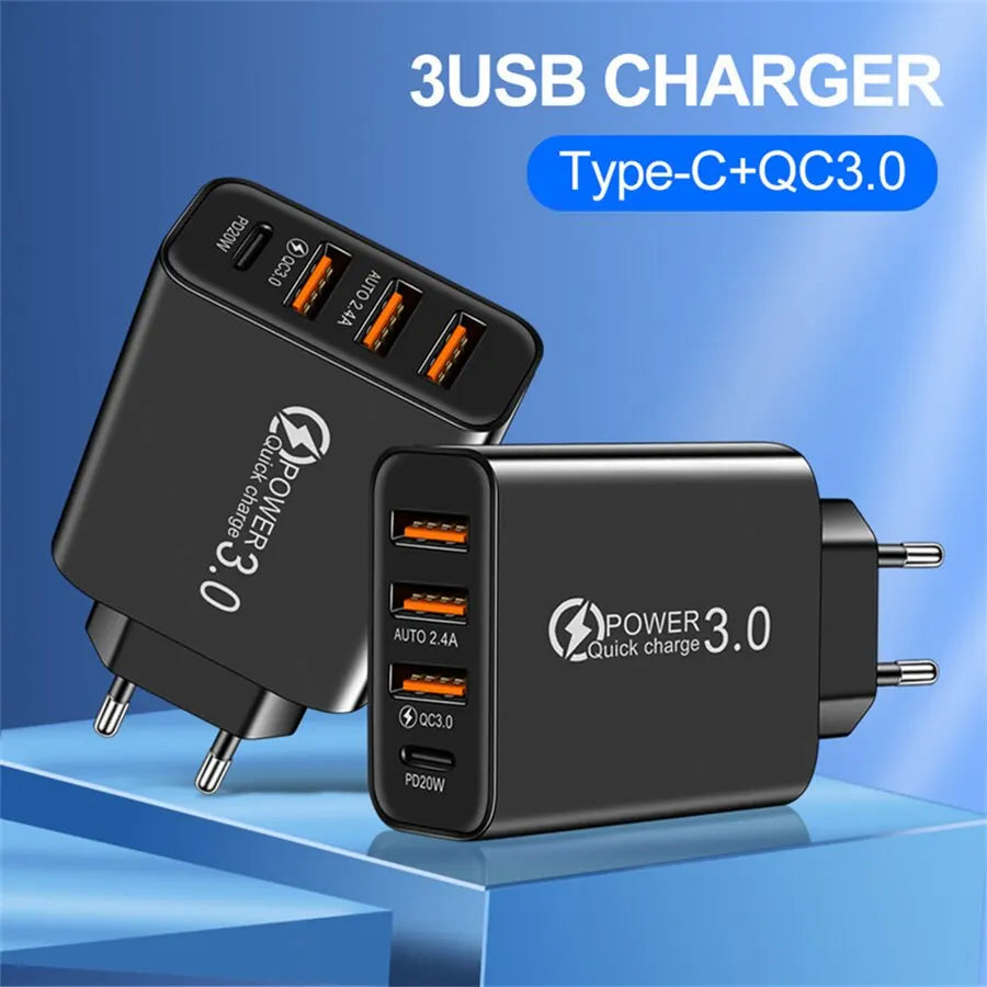 USB Wall Charger Block 4 Port PD QC Fast Power Adapter Type C Charging Plug for iPhone iPad Samsung Google Tablet Android