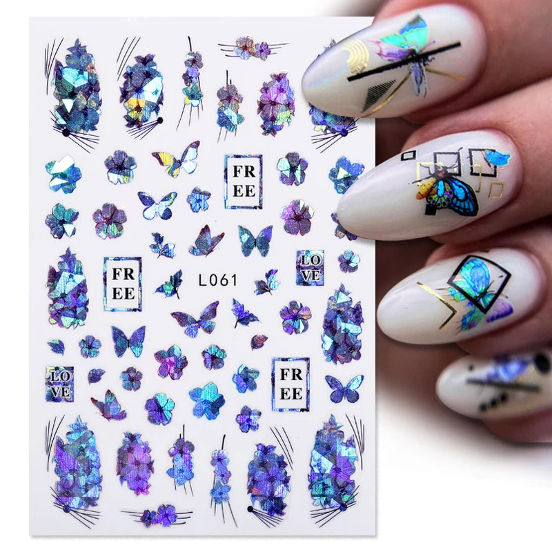 Red Flowers 3D Nail Sticker  Love Letters Colorful Butterfly Leaf Flowers Line Pattern Nail Decals DIY Manicure