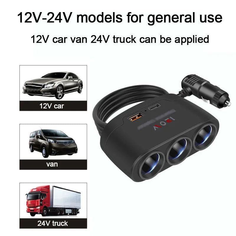 Car Charging Adapter One Two Three Conversion Head with USB+PD Extended