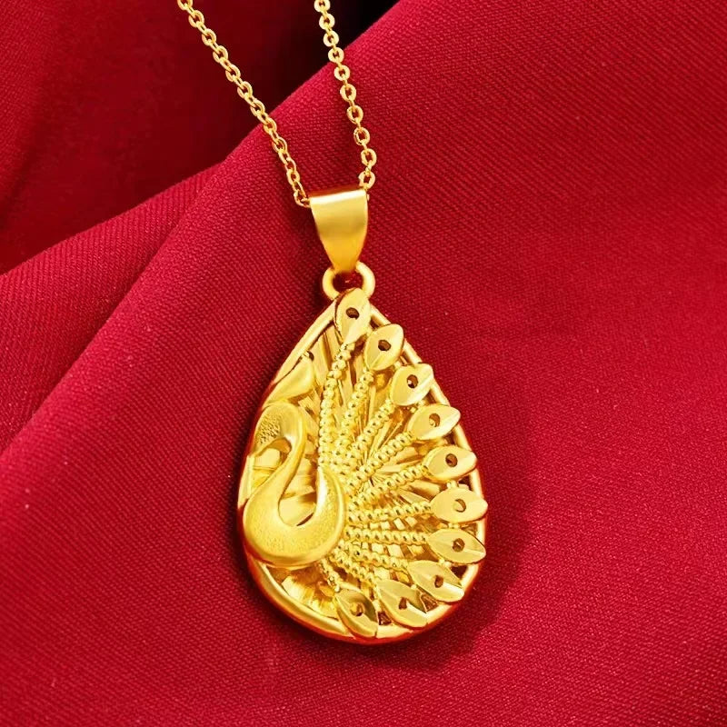 real gold 24K yellow gold Water Drop Peacock Pendant Necklace Hollow Pendant