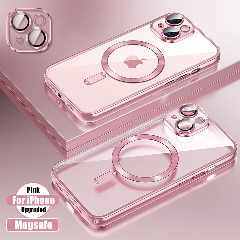 Silicone TPU Transparent Case Plus Magsafe Magnetic Lens Film Protect Cover for iPhone 16 15 14 13 12 11 Pro Max