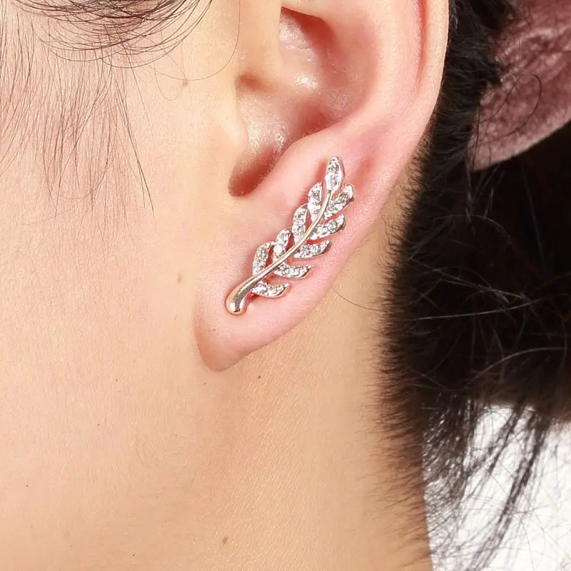 Hollow Out Leaves Earrings for Women Crystal Ear Stud Silver Golden Color Girl