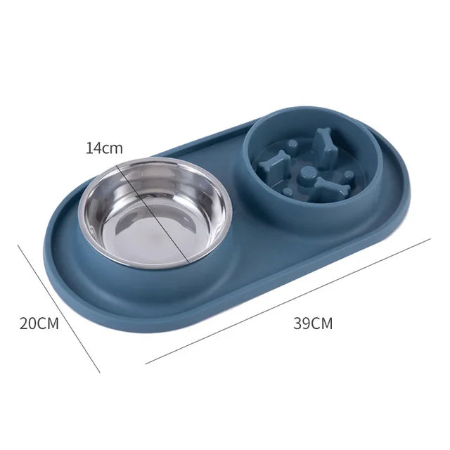 Dog Double Bowl With Silicone Mat Cat Pet Food Water Feeder Drinking Bowls Stainless Steel Anti-Choking Non-Slip Basin