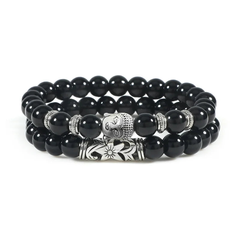 2pcs/set Buddha Head Bracelet for Women Men Natural Tiger Eye Lava Stone Yoga Beads Distance Bracelets Charm