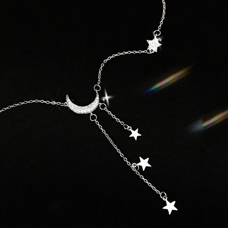 Exquisite Bling Silver Color Tassel Star Moon Necklace For Women Clavicle Chain Woman Jewelry Birthday Gift Accessories