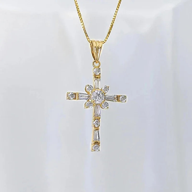 Shinning Cross Pendant Necklace Female Daily Party Jewelry with Zirconia