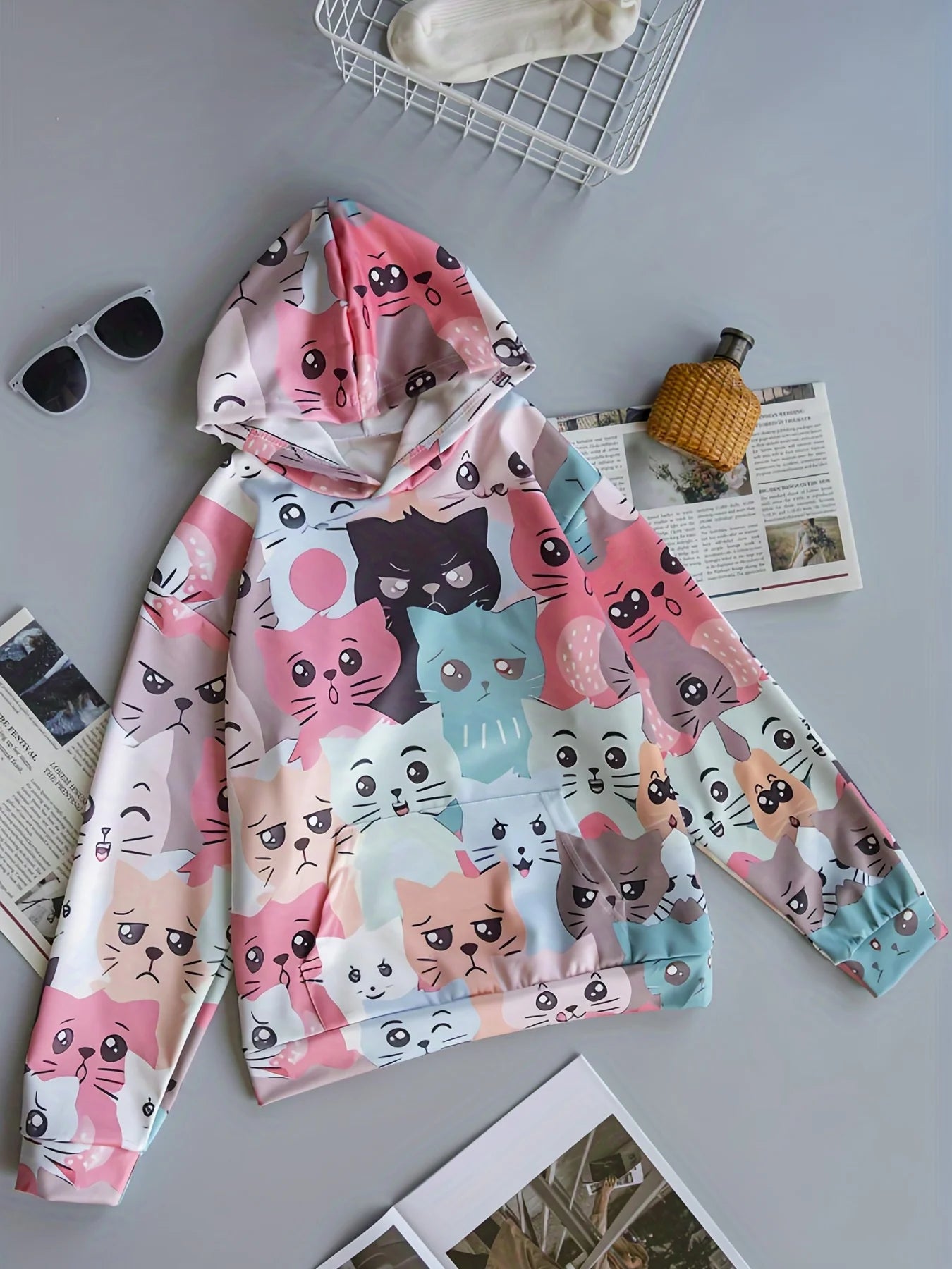 Girls' Colorful Cartoon Cats 3D Printed Long Sleeve Hooded Sweatshirt Pullovers