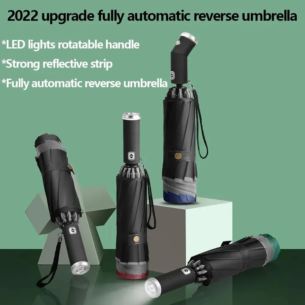 Fully Automatic Reverse Folding Umbrella With LED Flashlight 10Ribs Windproof