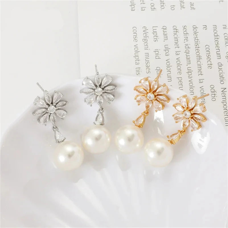 Zircon Flower Earrings for Women Exquisite Imitation Pearl Pendant Earring