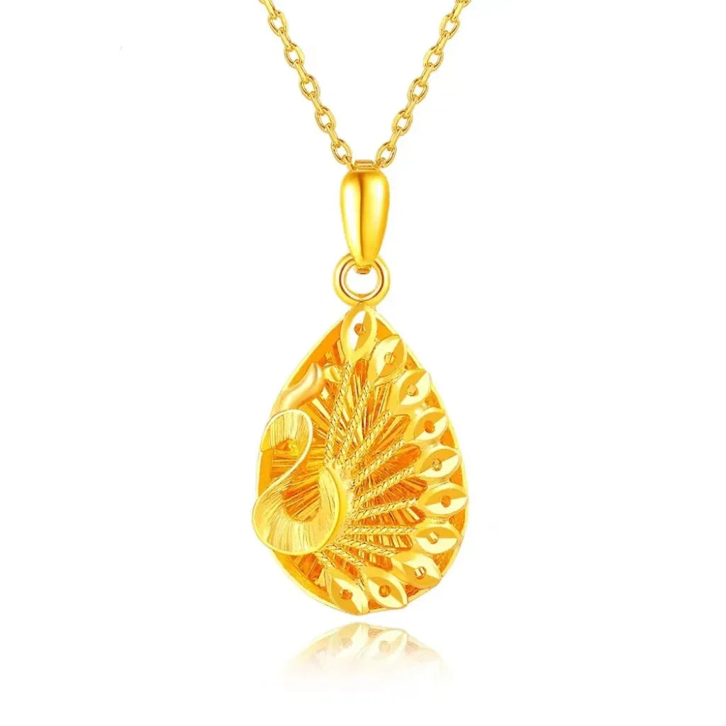 real gold 24K yellow gold Water Drop Peacock Pendant Necklace Hollow Pendant