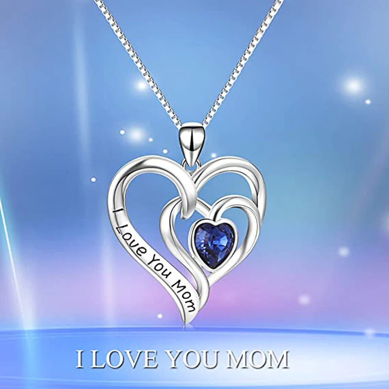 Heart Blue Cubic Zirconia Neck Necklace Women Letter "I Love You Mom" Anniversary Birthday Gift for Mother Trendy Jewelry