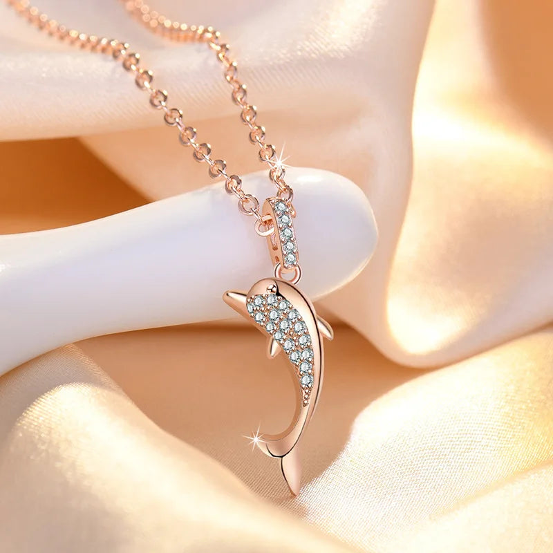 925 Sterling Silver Dolphin Necklace Pendant AAA Zircon For Women