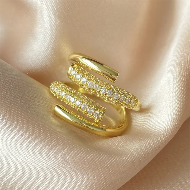 Luxury Adjustable Irregular Claw Leniency Gold Color CZ Zirconia Cross Opening Ring Luxury Jewelry For Party Wedding