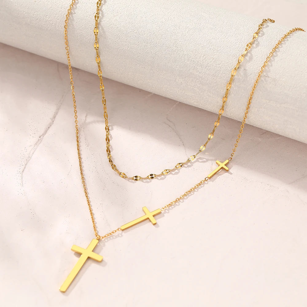 Stainless Steel Necklaces Cross Pendant Choker Multilayer Chain Double Stacked Wear Light Luxury Fine Necklace For Women Jewelry