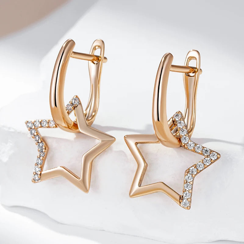 Glossy 585 Gold Color Star Dangle Earrings For Women Paved Natural Zircon Accessories Daily Fine Jewelry