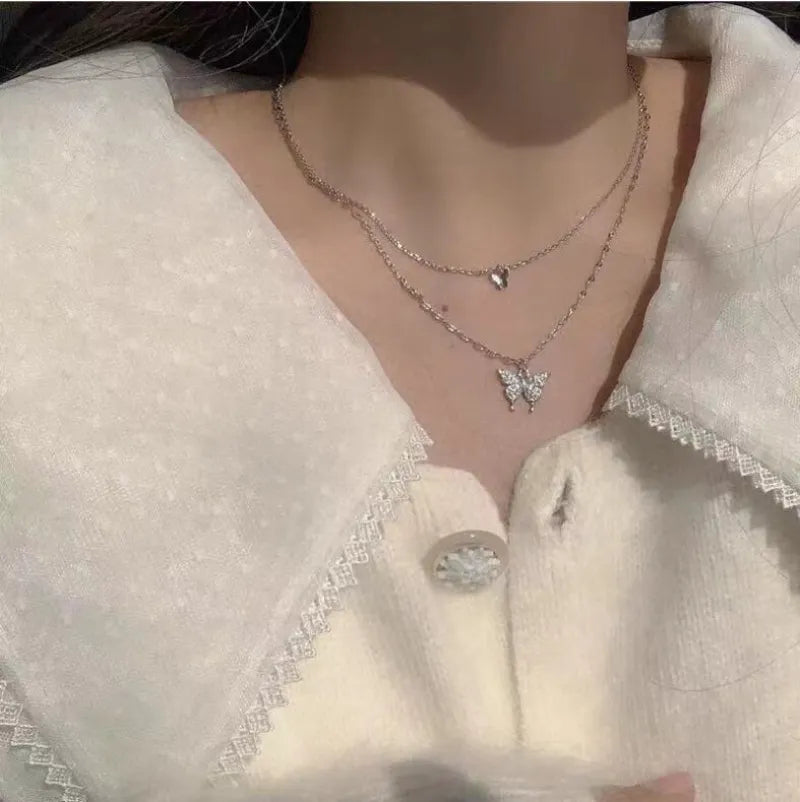 Women and jewelryClassic Fashion  Double Layer Butterfly Necklace  New Collar Chain Light Luxury Small Pendant Neckchain