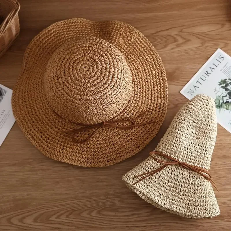 Beach Hats Sunscreen Cap Women Straw Hats Summer Sun Hats for Women Folding Bow