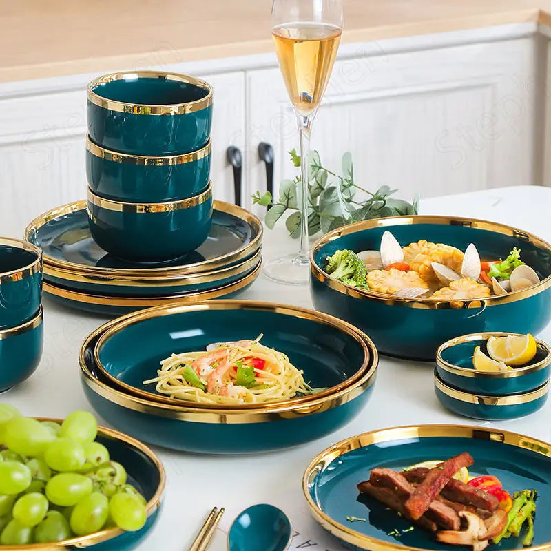 Gold Stroke Green Dinner Set Plates and Dishes Color Glaze Plates and Bowls