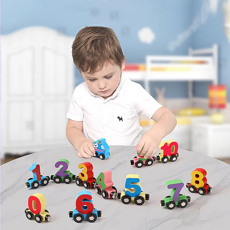 Magnetic Wooden Train Set 12Pcs Number Wooden Toy Learning Cars with Numbers Color Train for Kids Toddler 2-5 Montessori Toys