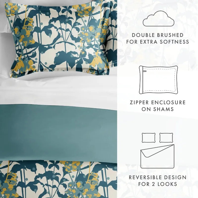 Teal Boho Flower Reversible 3-Piece Duvet Cover Set, Full/Queen