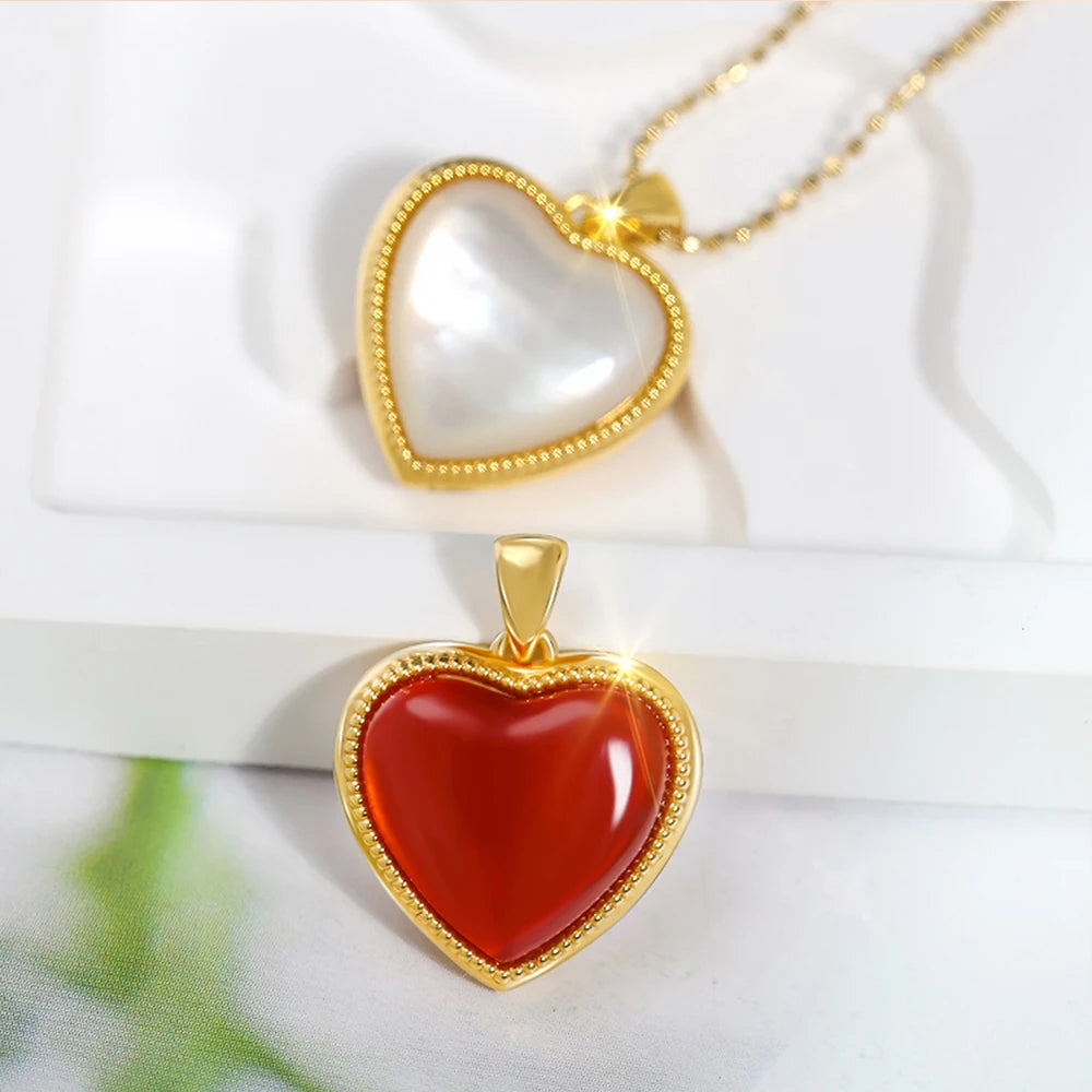 Real 18K Gold Necklace for Women AU750 Natural Red Agate and white fritillaria Heart Shape Pendants Original Gifts Fine Jewelry