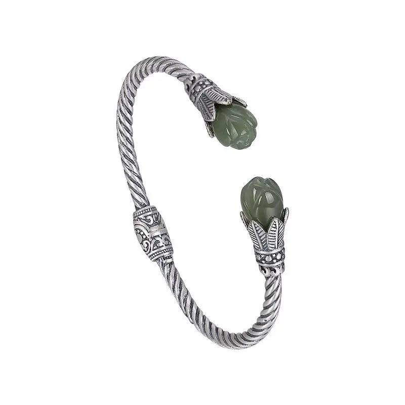 S925 Sterling Silver Hetian Jade Gray Magnolia Ladies Open-Ended Bracelet