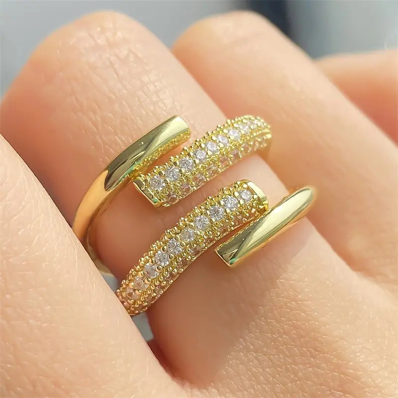 Luxury Adjustable Irregular Claw Leniency Gold Color CZ Zirconia Cross Opening Ring Luxury Jewelry For Party Wedding