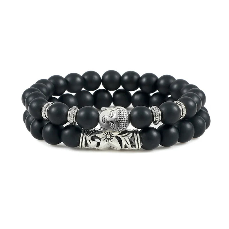 2pcs/set Buddha Head Bracelet for Women Men Natural Tiger Eye Lava Stone Yoga Beads Distance Bracelets Charm