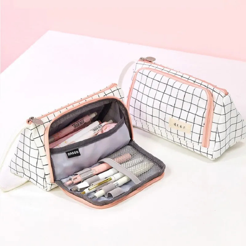 Stationary Pen Storage Bag Pen Pencil Bag Multi Layer Large Capacity Cosmetic Travel Storage Bag Simple Plaid Pencil Case